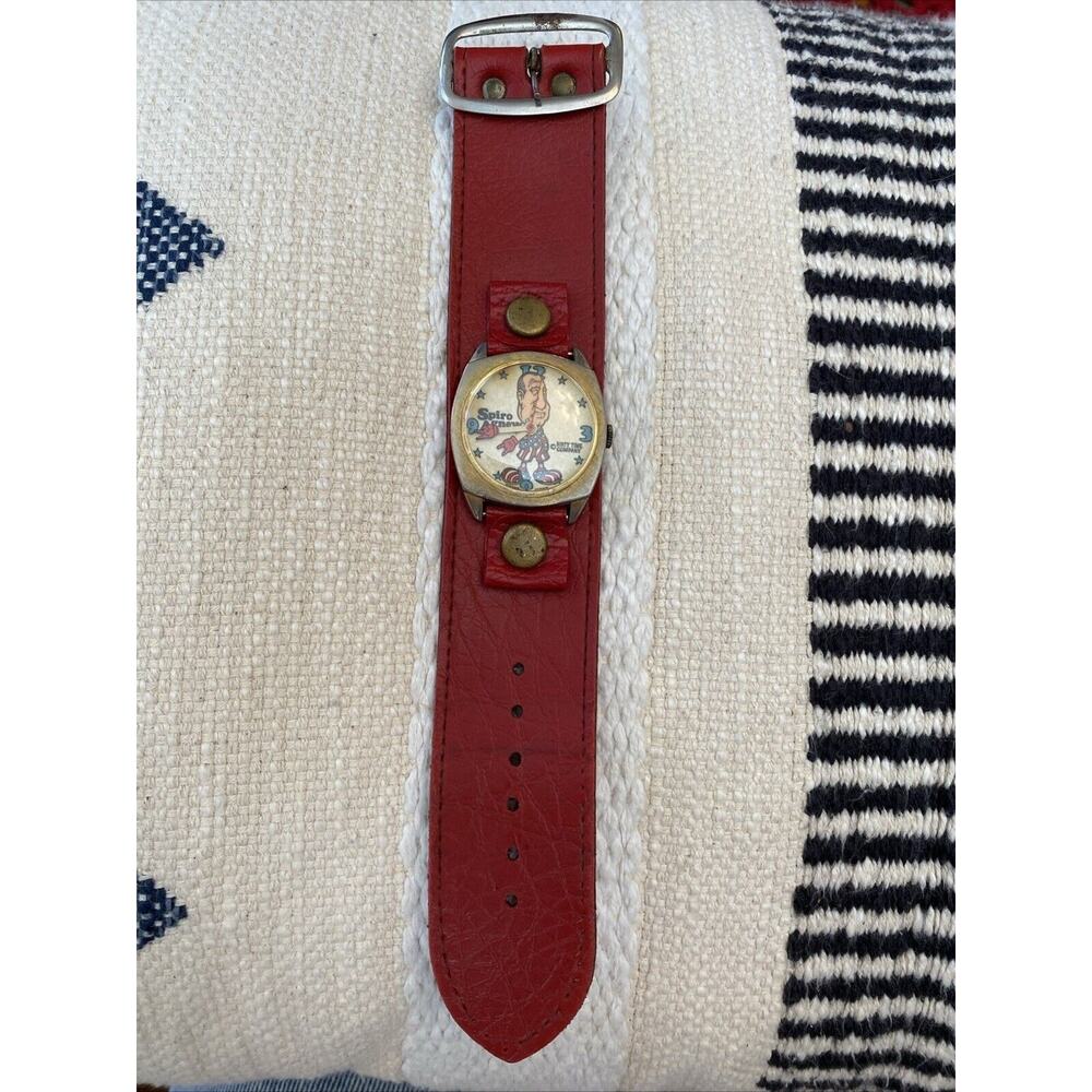 VINTAGE Spiro Agnew Watch‎ "Dirty Time Company" Swiss Made WIDE Red BAND